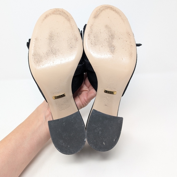 Gucci Size 40 Marmont Suede Fringe Mules Kiltie Heels Sandals Double G - Picture 15 of 15